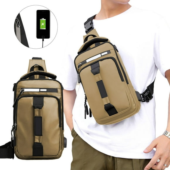 Mochila bandolera para hombre y mujer, de poliéster con orificio para auriculares, tamaño compacto de 30 x 7 x 18 cm, ideal para senderismo, acampada y viajes al aire libre. Ligera y con
