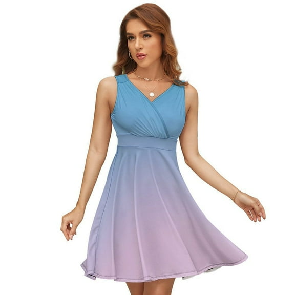 Light Blue Gradient Dress Summer Street Style Dresses Female Sleeveless Printed Sundress