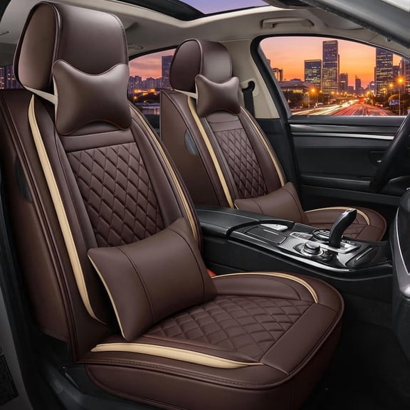 Car Seat Covers Full Set Fit for Honda Pilot 2005-2016 Waterproof Faux Leather Car Seat Cushions Automotive 5 Seat Covers Set(Brown)