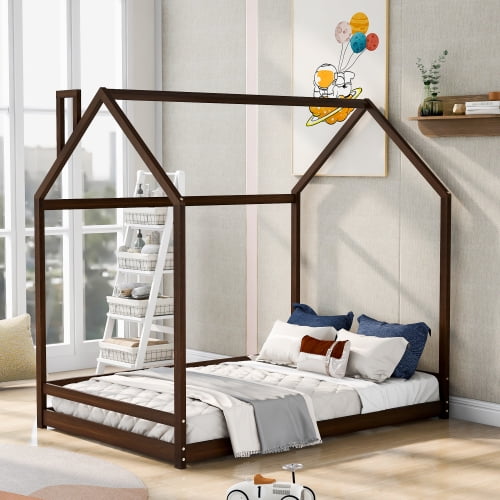 INCLAKE Full Size Platform Bed, Floor House Bed Frame with Roof and