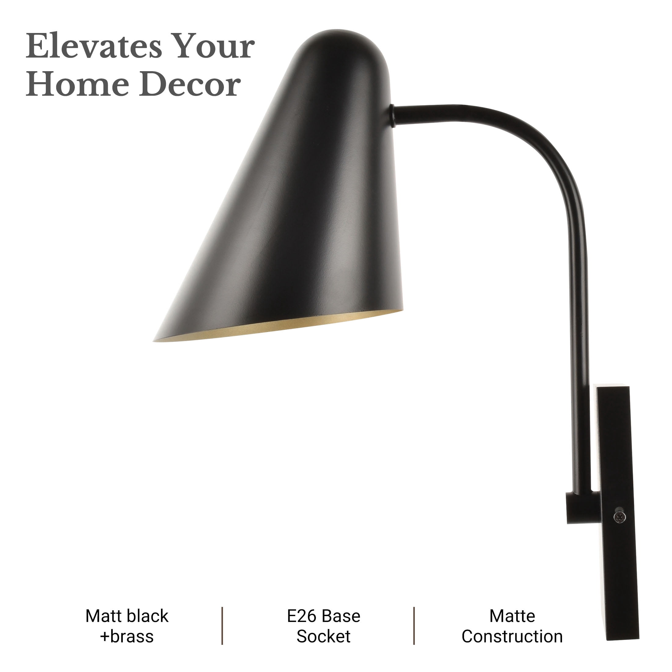 Better Homes &Gardens 15.16in Contemporary Black 1-Light Indoor Wall Light, Brass Interior No Bulb