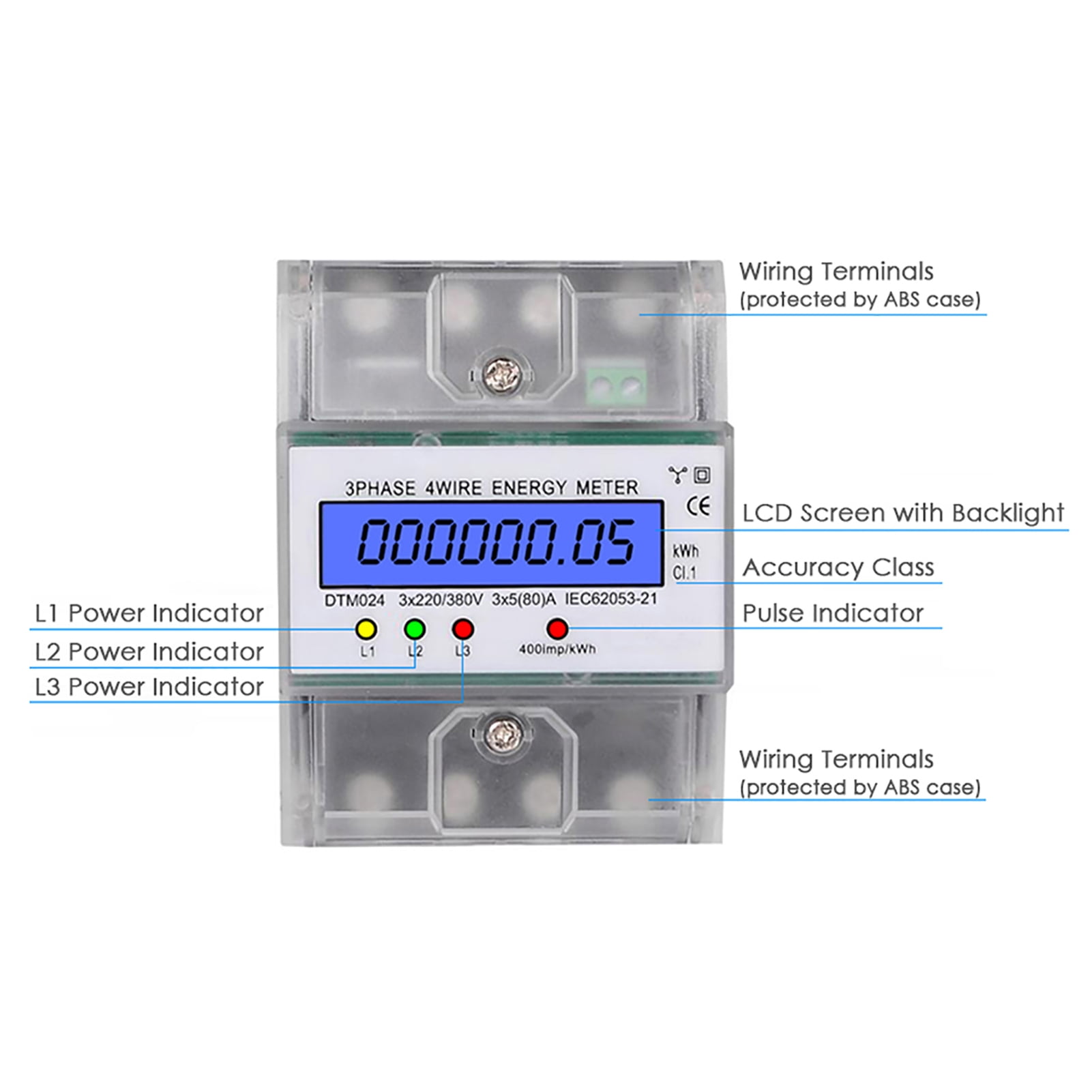 3 Phase 4 Wire Energy Meter 220/380V 5-80A Energy Consumption KWh Meter DIN Rail Installation Digital Electric Power Meter With LCD Backlight Display