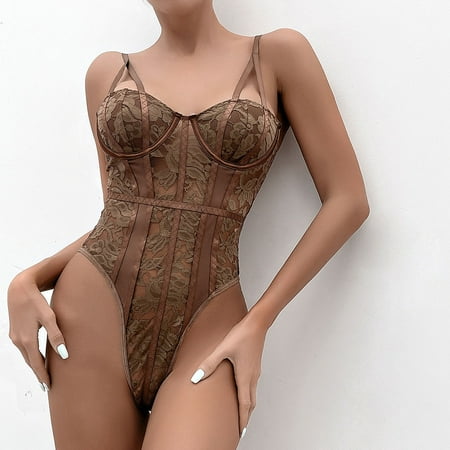 Women Cute Sleepwear Bodysuit Mesh Teddy Sheer Lace Bustier Corset Waist Cincher Overbust One Piece Babydoll