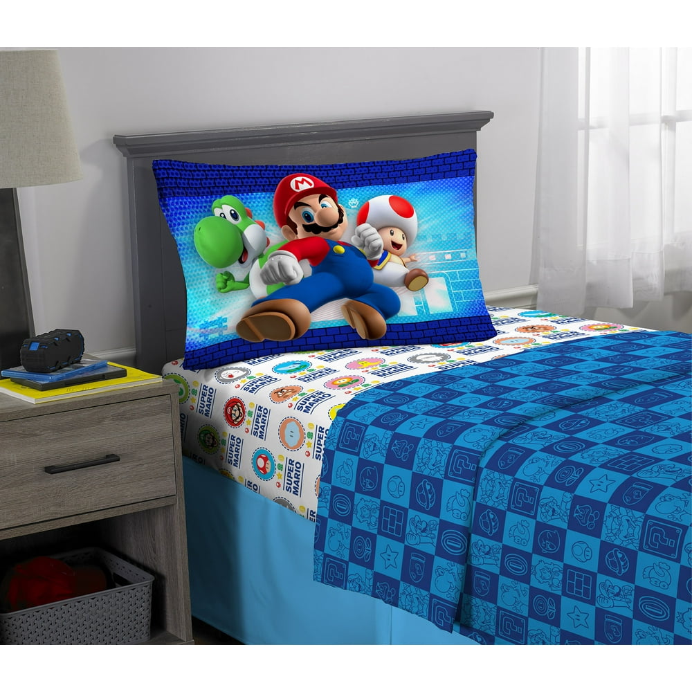 Super Mario Kids Super Soft Microfiber Bedding Sheet Set, Blue and