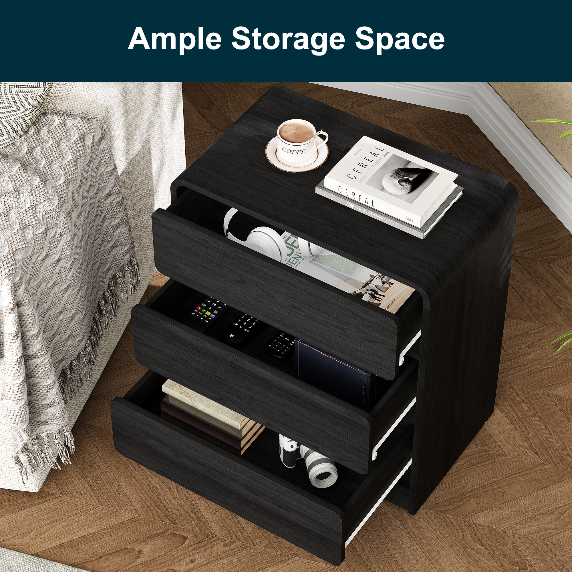 Heynemo Modern 3-Drawer Storage Dresser for Home and Office, Black