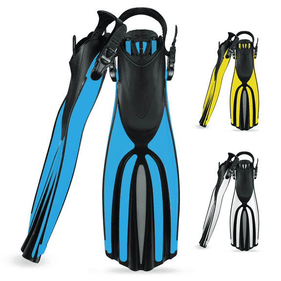 TUDIVING Snorkel Fins, Professional Adjustable Power Open Heel Scuba Diving Fins for Adult Men Women, Blue L/XL
