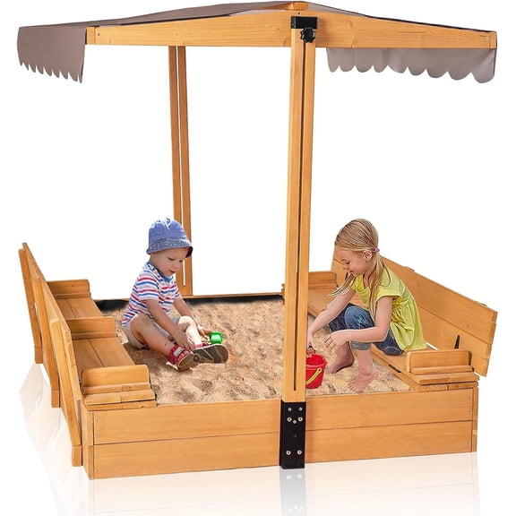 MEDEHOO Wooden Sandbox with Adjustable Canopy, Outdoor Kids Sand Box with Foldable Benches, Sand Liner, Retractable Roof, 47”Lx47”Wx52”H