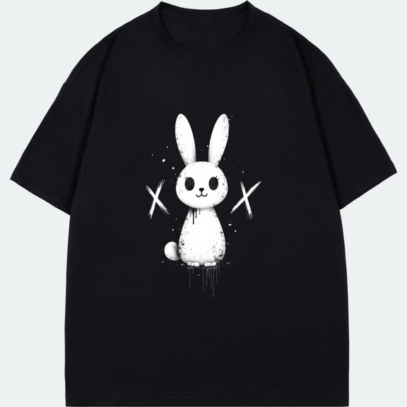Black T-Shirt With White Bunny And Crosses Print For Casual Wear