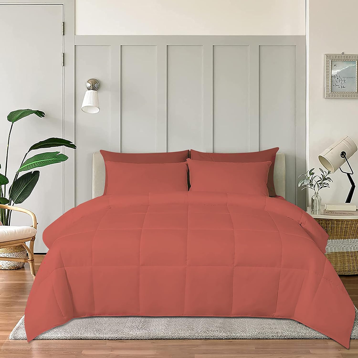 D.N.G. BEDDINGS Deluxe All Seasons Super King Size 800 Thread Count, Solid Brick Red Down Alternative 3 Piece Box Design Comforter Set 100% Egyptian Cotton