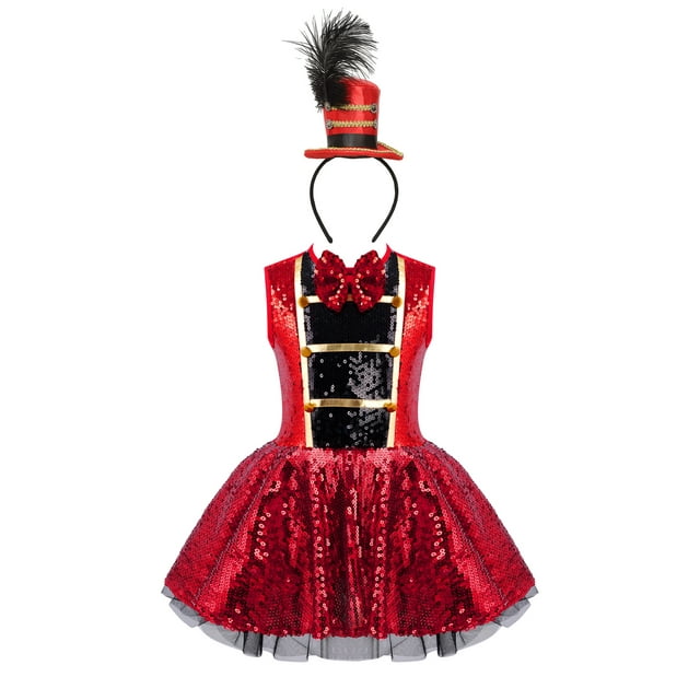 YiZYiF Robe Tutu de Danse pour Filles Sans Manches à Paillettes Brillantes pour Fête et Spectacle avec Haut-de-Forme Couvre-Chef Rouge 10
