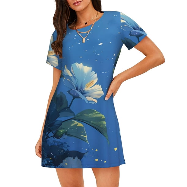 Disketp Hibiscus Flowers Calm Water para Camisón Corto de Manga Corta para Mujeres, Camisón Cómodo con Escote Redondo, Bonito y Confortable