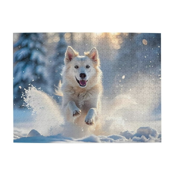 White Dog Running Snow 500-Piece Wooden Jigsaw Puzzle for Adults, Fun & Challenging Family Game, Stylish Wall Decor & Holiday Gift