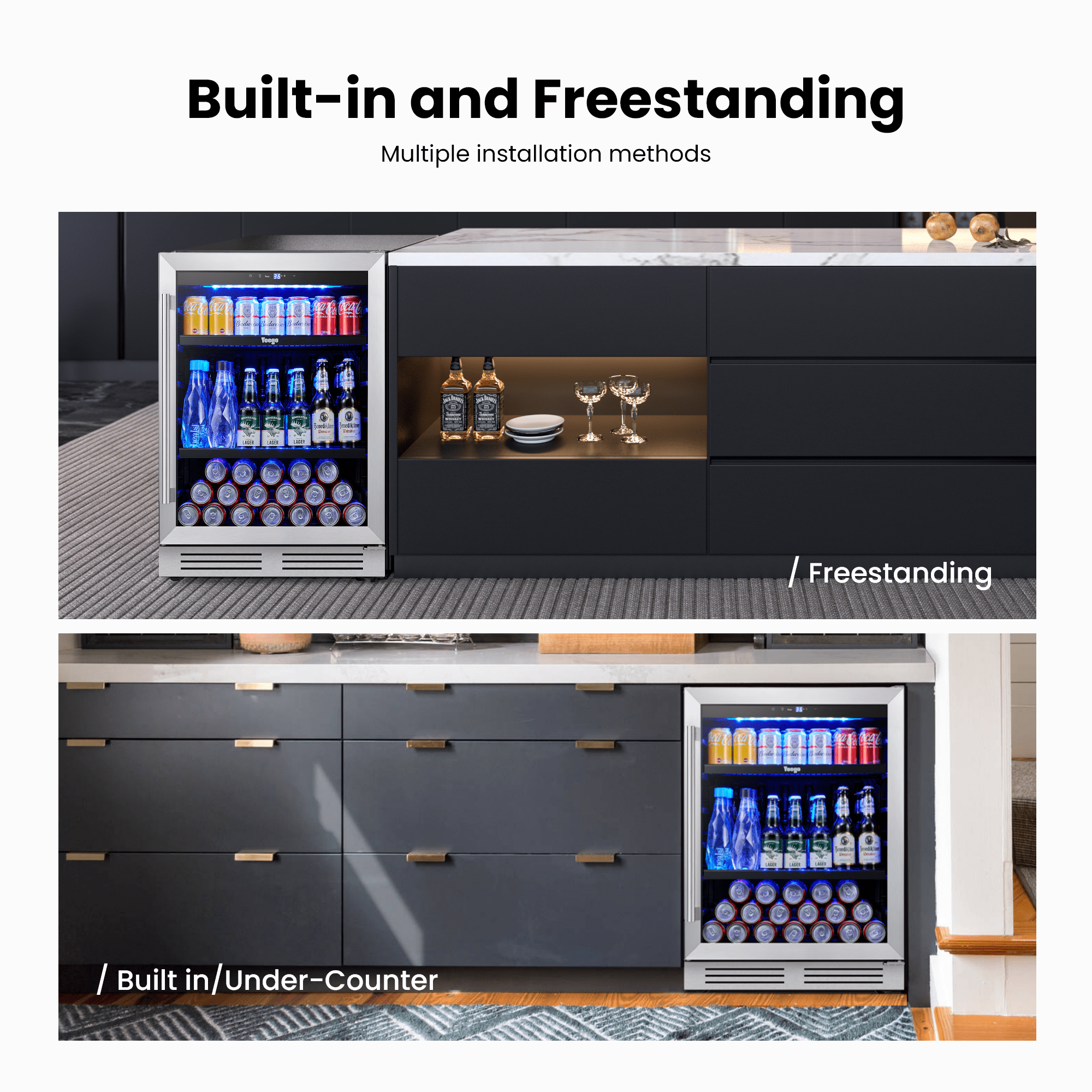 Yeego Beverage Refrigerator, 24 inch 180 Cans Beverage Cooler Glass Door with Lock, Beer Cooler Built-in with 3 Adjustable Shelves for Soda or Wine for Home Office Dorm Bar