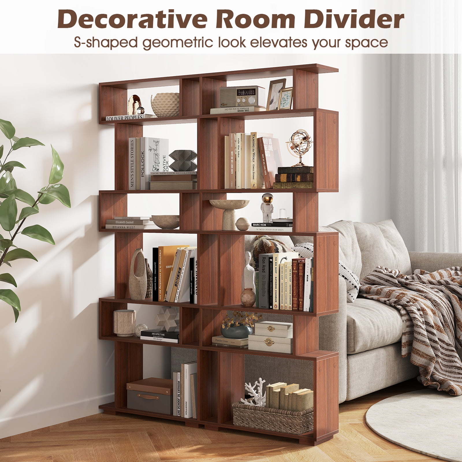 Costway 6-tier Storage Bookshelf S-shaped Geometric Bookcase with Anti-toppling Kits Orange