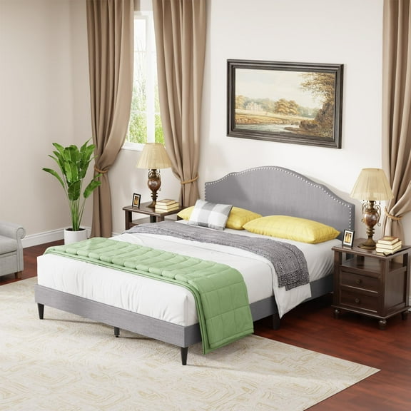 NiamVelo Upholstered Platform Bed Frame Queen Mattress Foundation with Fabric Upholstered Headboard and Wooden Slats Support, Queen
