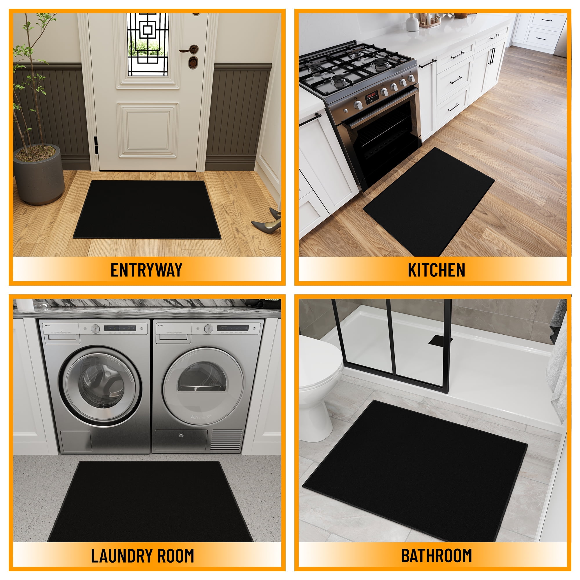 Ottomanson Indoor Door Mat Non-Slip Low Pile Stain Resistant Rug, Solid Black, 1'10.5" x 4'
