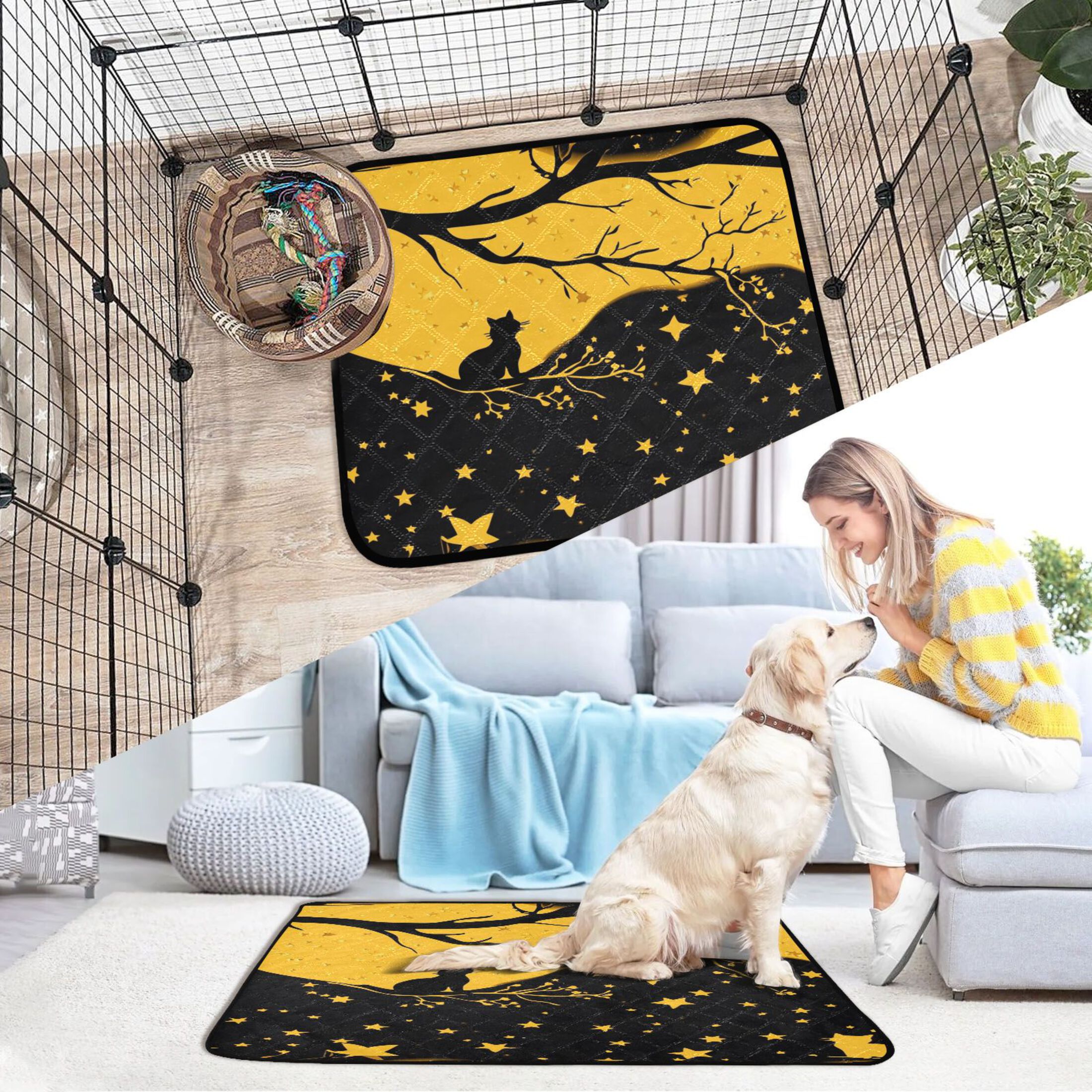 Washable Pet Pee Pads with Super Absorbent Reusable Training Pads for Dogs & Cats Starry Night Sky with Cat