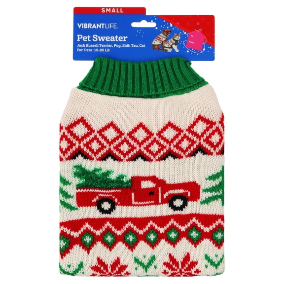 Vibrant Life Holiday Christmas Tree Truck Sweater for Dogs and Cats, Multicolor, S