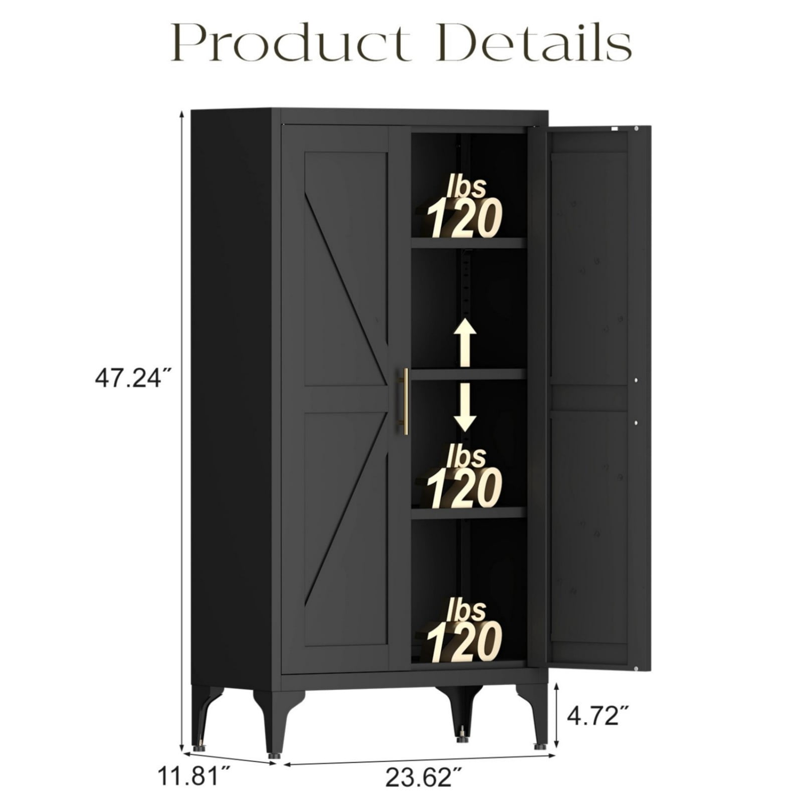 47" H Metal Storage Cabinet, 2-Door Steel Pantry Cabinet with Adjustable Shelves, Freestanding Kitchen Storage Cabinet for Living Room, Bedroom, Office, Black