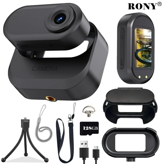 RONY 128GB 1080P Thumb Action Sports Camera, Mini Body Camera with Spring Clip, Hands-Free POV Recording Helmet Camera for Cycling, Motorcycle, Skiing (Black)