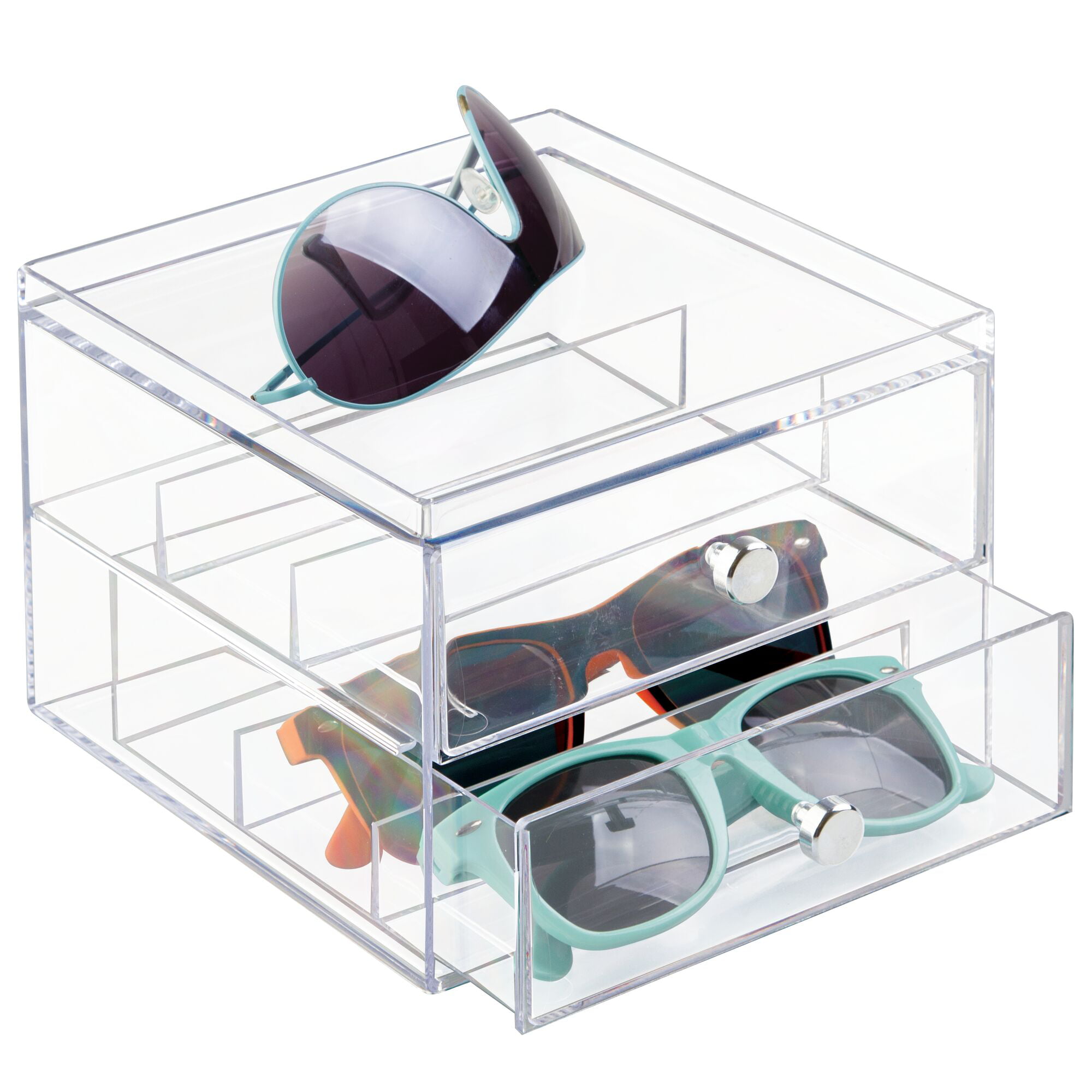 Black/Clear Chrome Pulls mDesign Stackable Plastic Eye Glass Storage Organizer Box Holder for Sunglasses 3 Divided Drawers 2 Pack Reading Glasses Accessories 