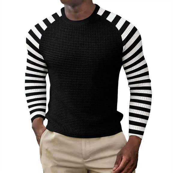 YANGXINX Men's Long Sleeve T Shirt Waffle Knit Striped Color Block Crewneck Casual Top Soft Breathable Comfort Relaxed Fit Tees