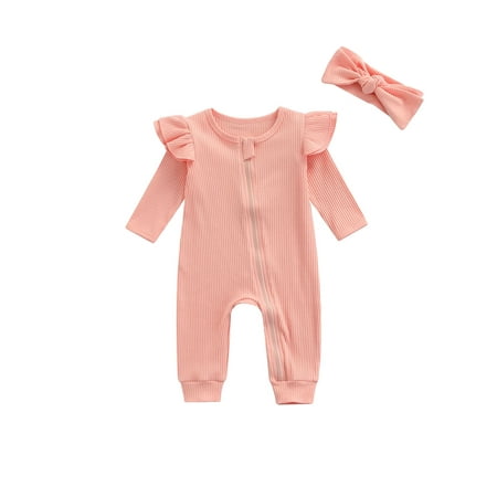 

Newborn Baby Boy Girl Ribbed Jumpsuit Outfit Fall Winter Long Sleeve Slant Zipper Ruffle Romper Bodysuit With Headband