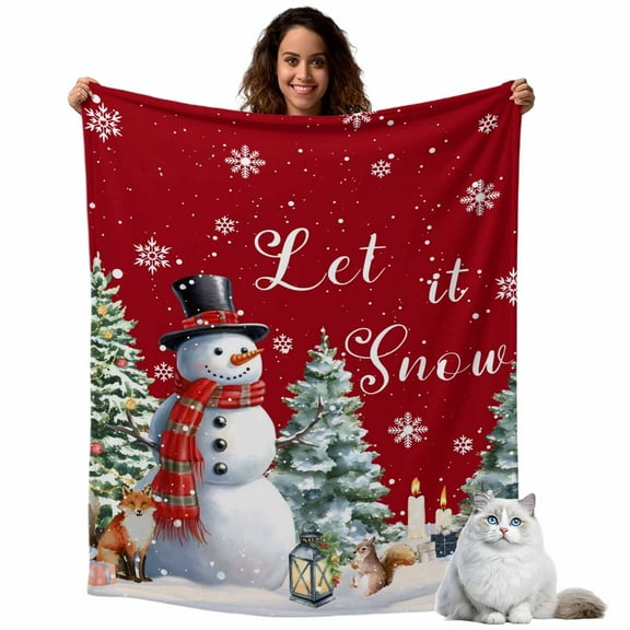 Winter Christmas Snowman Flannel Blanket for Bed,Travel and Camping, Red Xmas Tree Fox Squirrel Super Soft Cozy Blanket for All Seasons 60"x80"