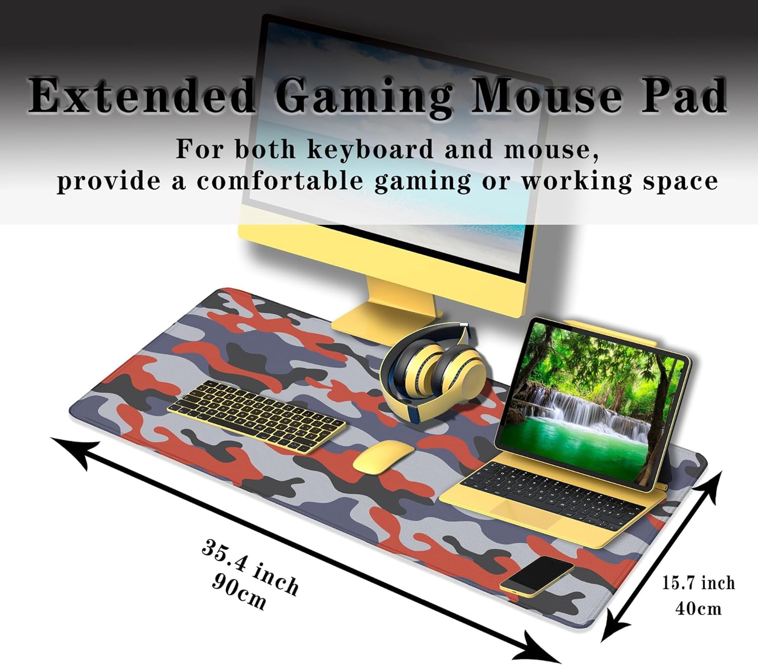 Keyboard Mouse Pad Blue Home Office Desk Pad Large Mousepads Computer Mat Keyboard Desk Mat Waterproof Non-Slip Rubber Base 35.4" X 15.7" for Game Office, Camouflage with Red Spots