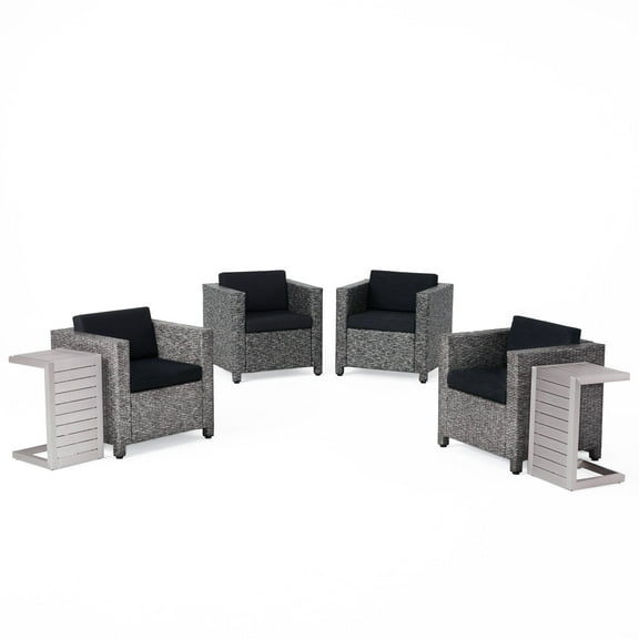 Cascada Outdoor 6 Piece Wicker Club Chairs with Cushions and Aluminum C-Shaped Tables, Dark Grey, Mixed Black