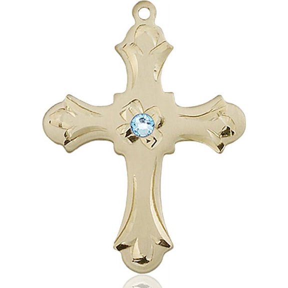 14kt Yellow Gold Cross Medal with 3mm March Blue Swarovski Crystal 1 1/4 x 7/8 inches