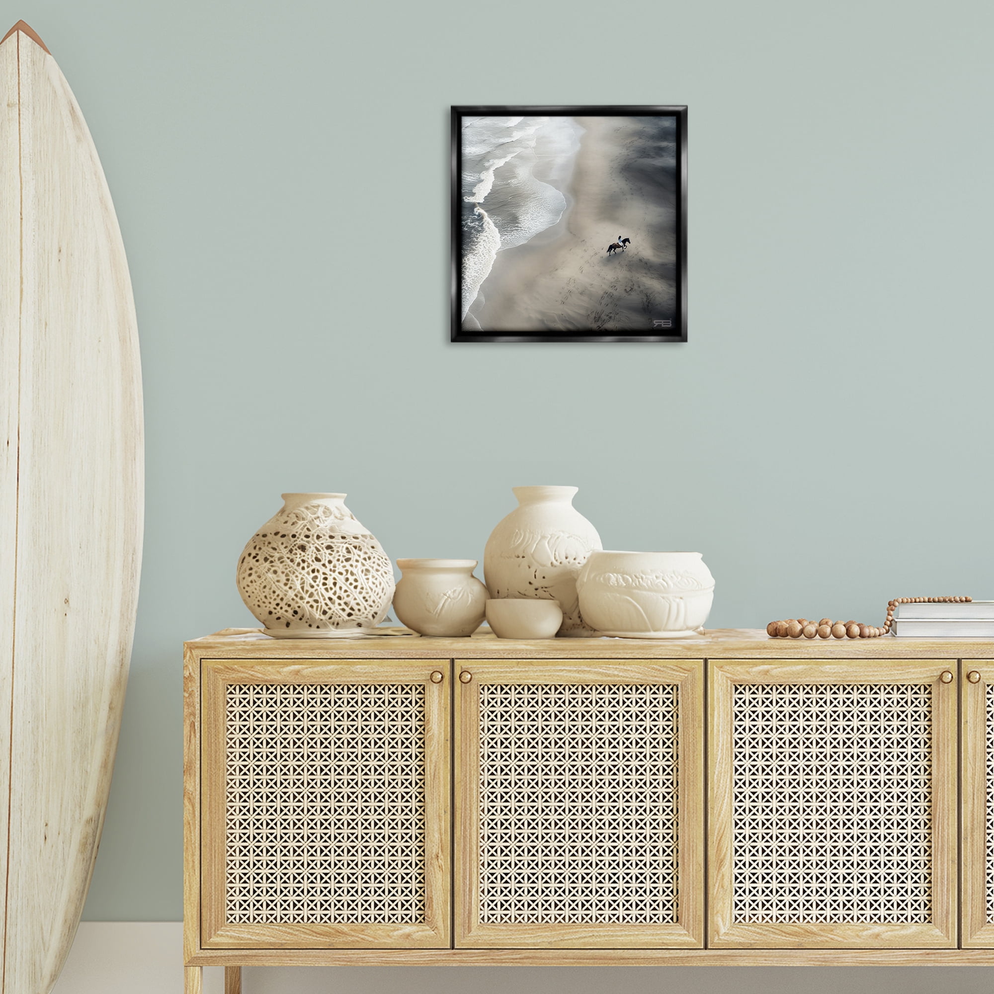 Stupell Industries Aerial Beach View Horse Nautical & Beach Painting Black Floater Framed Canvas Art Print Wall Art, 18 x 18