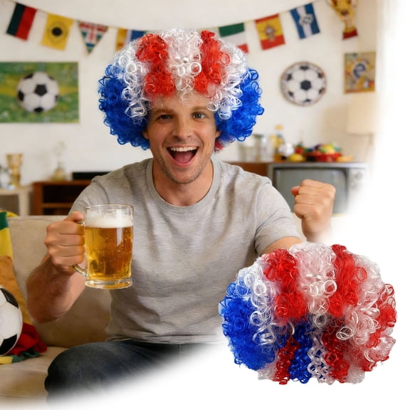 4th of July Synthetic Wig Mardi Gras Curly Red White Blue Colored Stripes Wig 2026 Soccer Sport Cup USA Fan Flag Wig for Fan Support 250th Anniversary Carnival Gift Party Supplies Breathable(D)