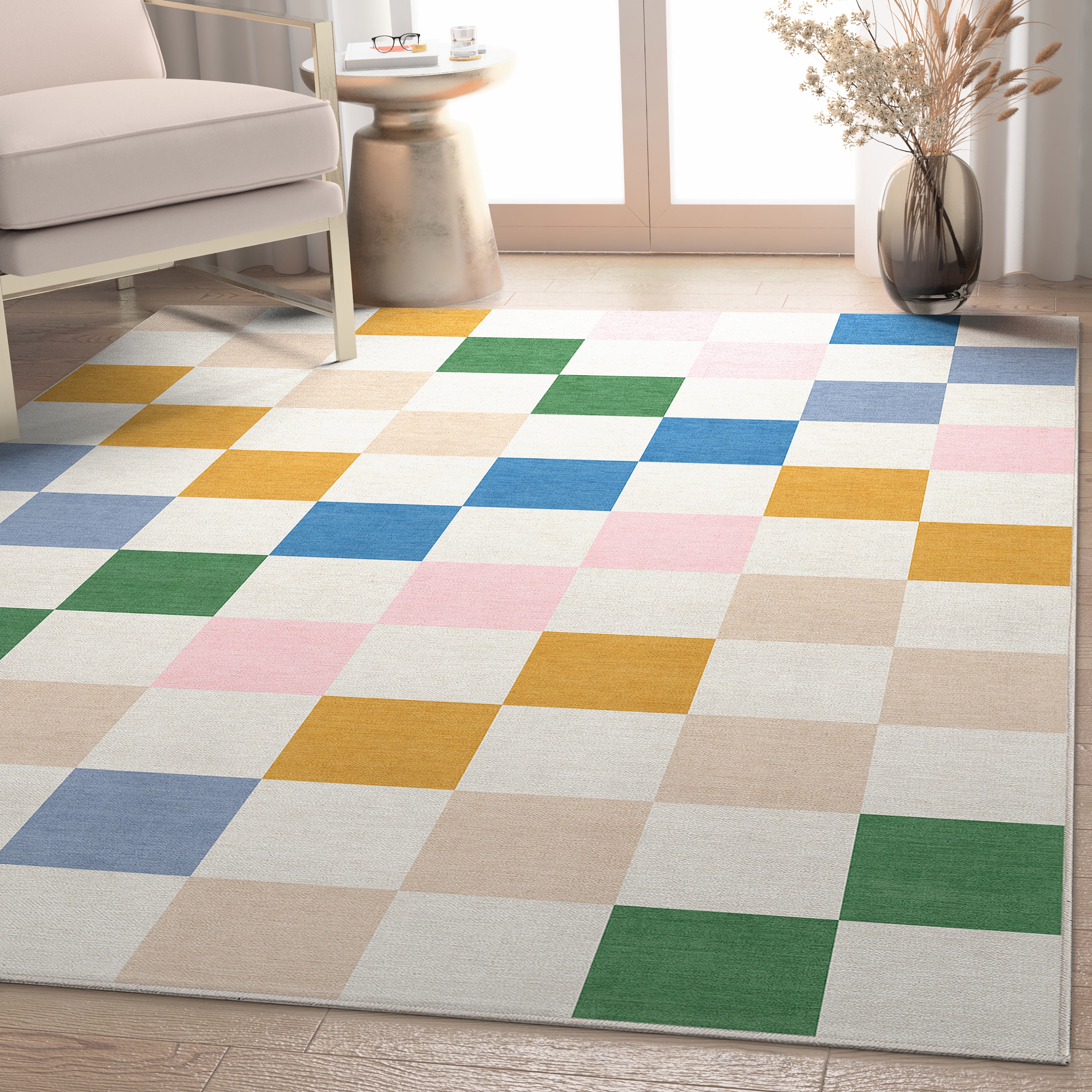 Well Woven Kids Square Geometric Multi Flat Pile Easy to Clean 5' x 7' Area Rug for Living Room Dining Room Bedroom and Kitchen