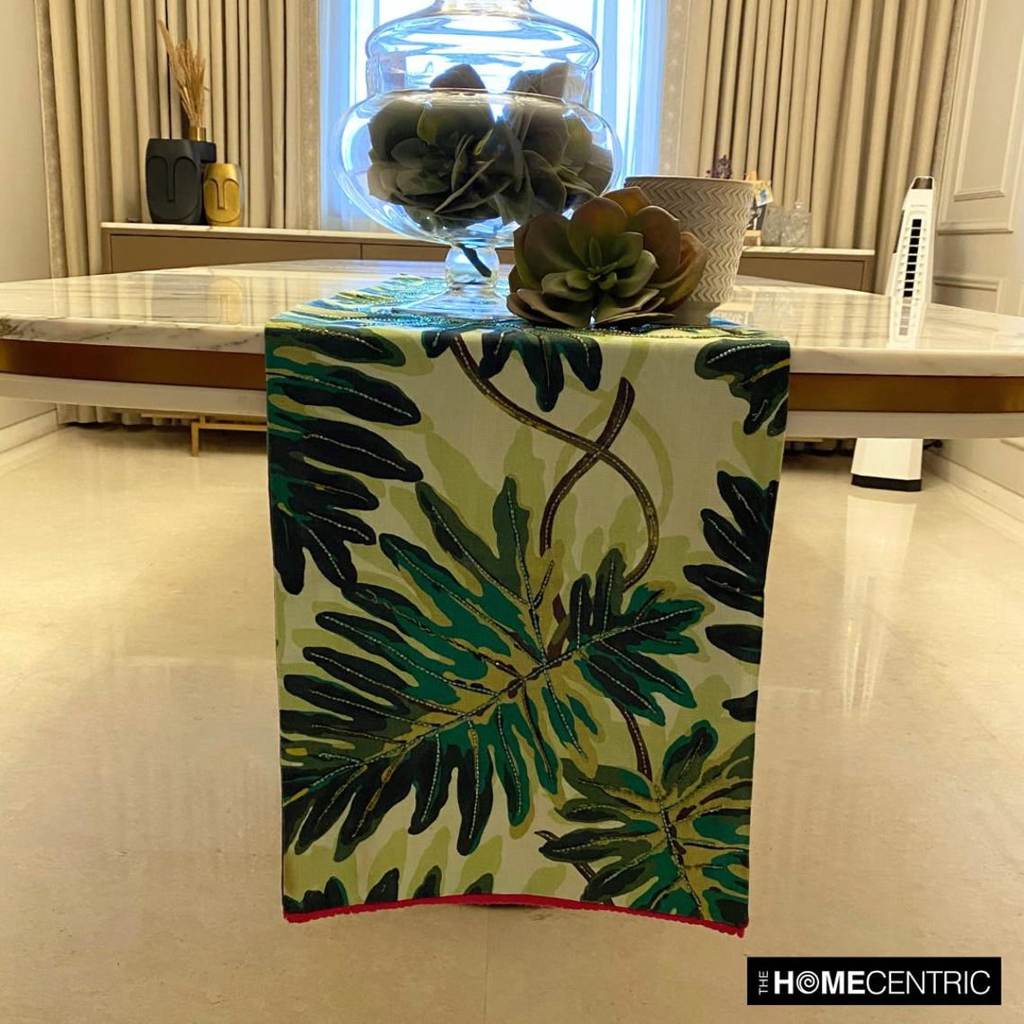 Tropical Printed Cotton Table Runner with Bead Embroidery and Lace Green Printed Cotton 14 x 72 inch long, Wedding Decor Table Linen Modern Table Runner - Tropically