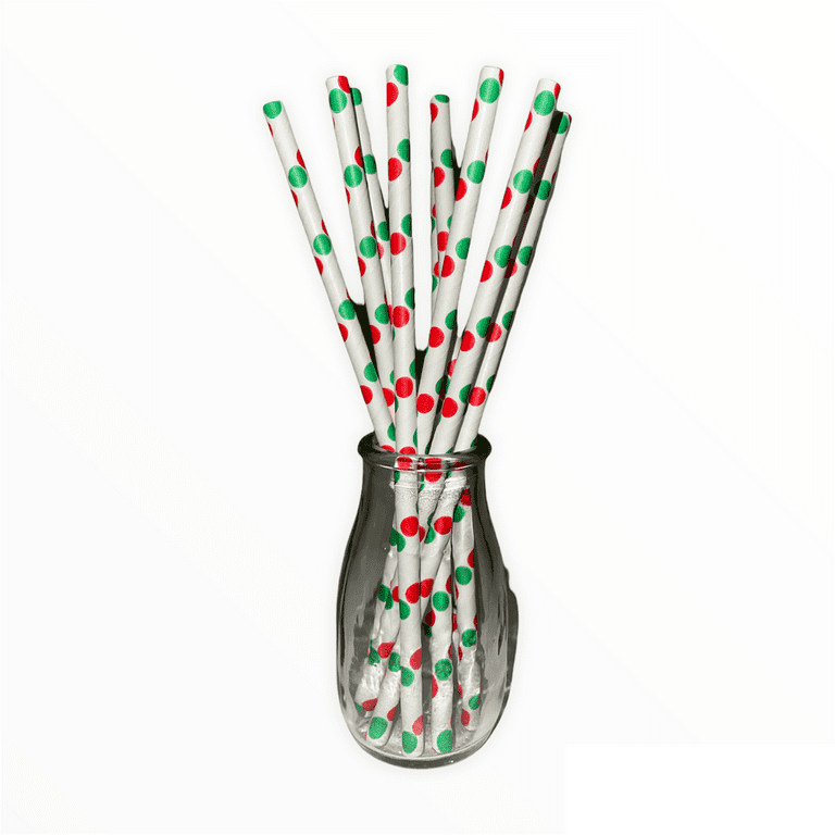 Charmed 50 Counts Premium Paper Straws. Red and Green Dots Design for Christmas Holiday Party