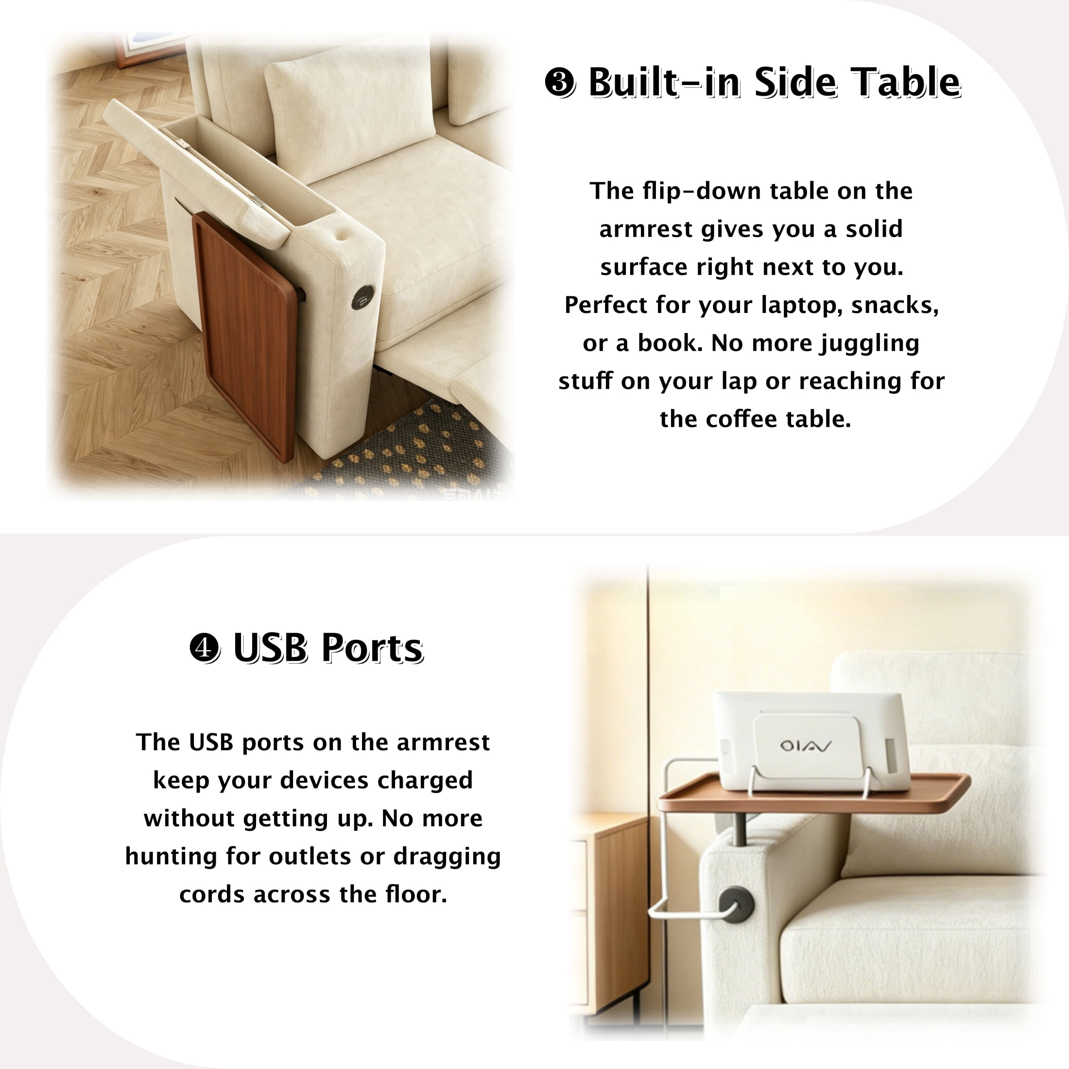 ShiKeyi 83" 3-in-1 Convertible Sofa Bed, Chenille 3 Seater Couch with Adjustable Backrest, USB Ports, Storage Armrests & Fold-Down Table, Off White