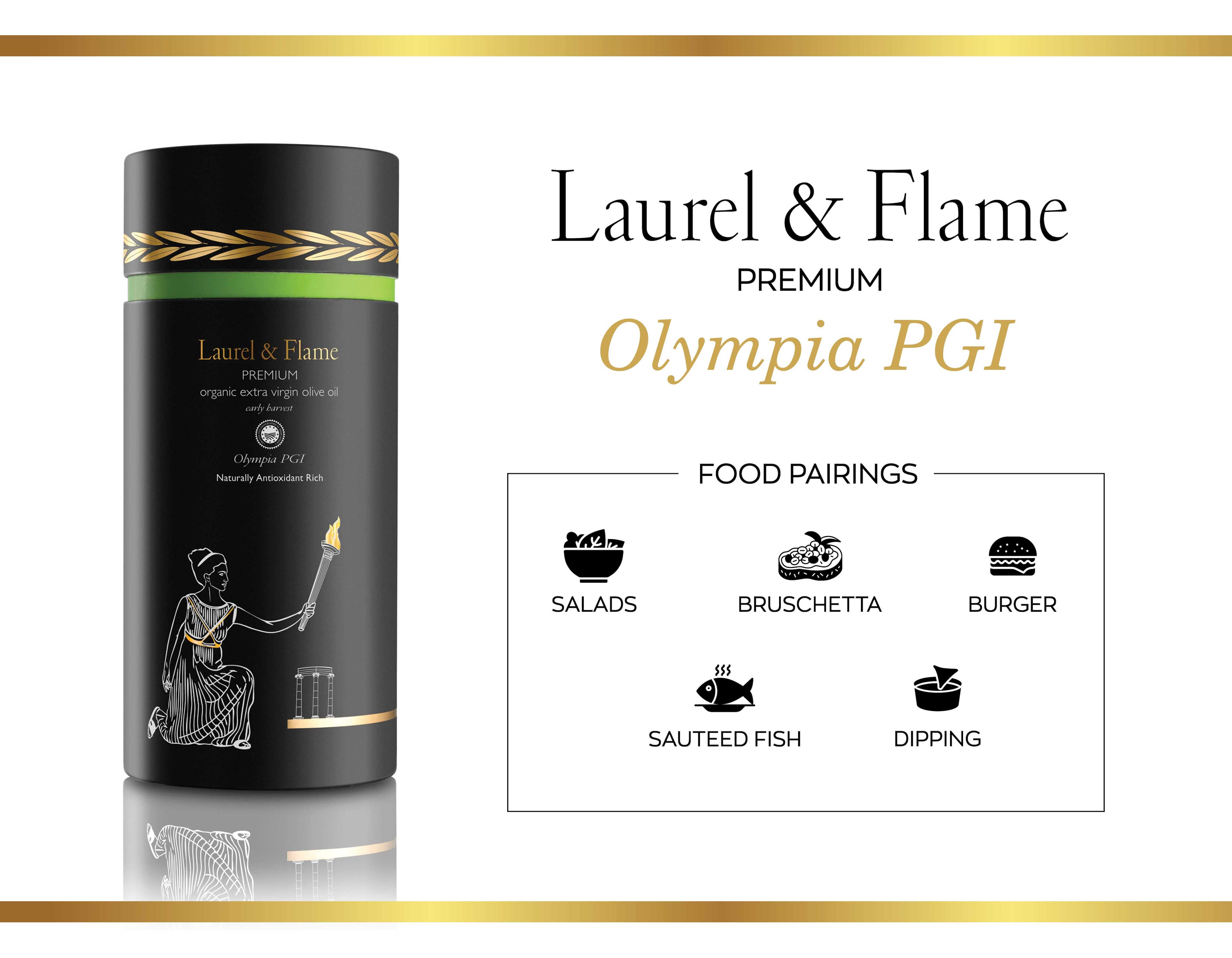 Laurel & Flame Premium Olympia PGI Extra Virgin Olive Oil, USDA-Organic, New Harvest, 16.9 fl oz