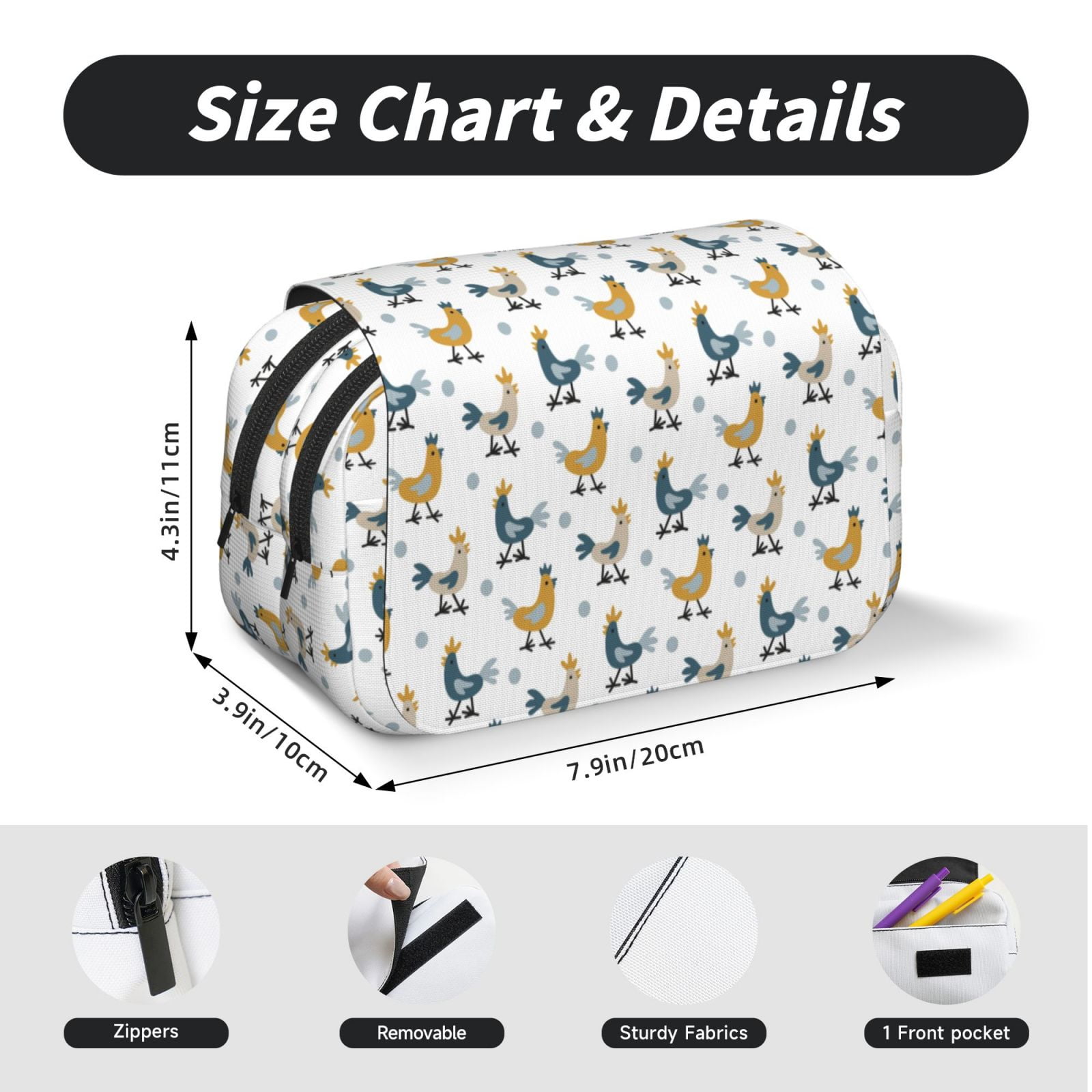 Rateoe Farm Roosters Pattern Double Clamshell Pen Case, Storage Organizer with Two Zipper Compartments– Holds Up to 50 Pencils & Pens