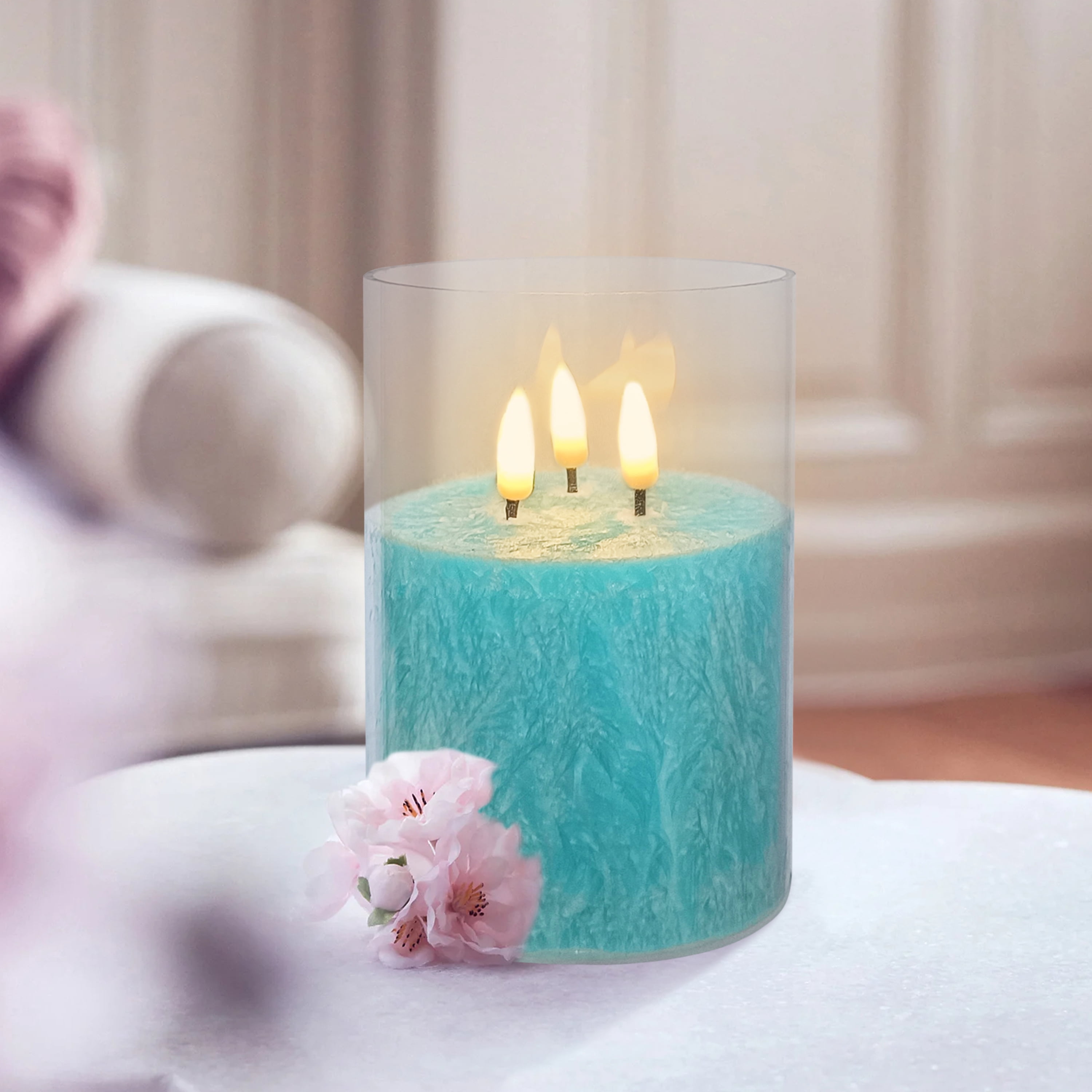 FCMSHAMD 5Inch Flameless Candle with 3 Wicks, Glass LED Pillar Candle, Real Wax Battery Operated Candle with Remote Control and Timer, Blue