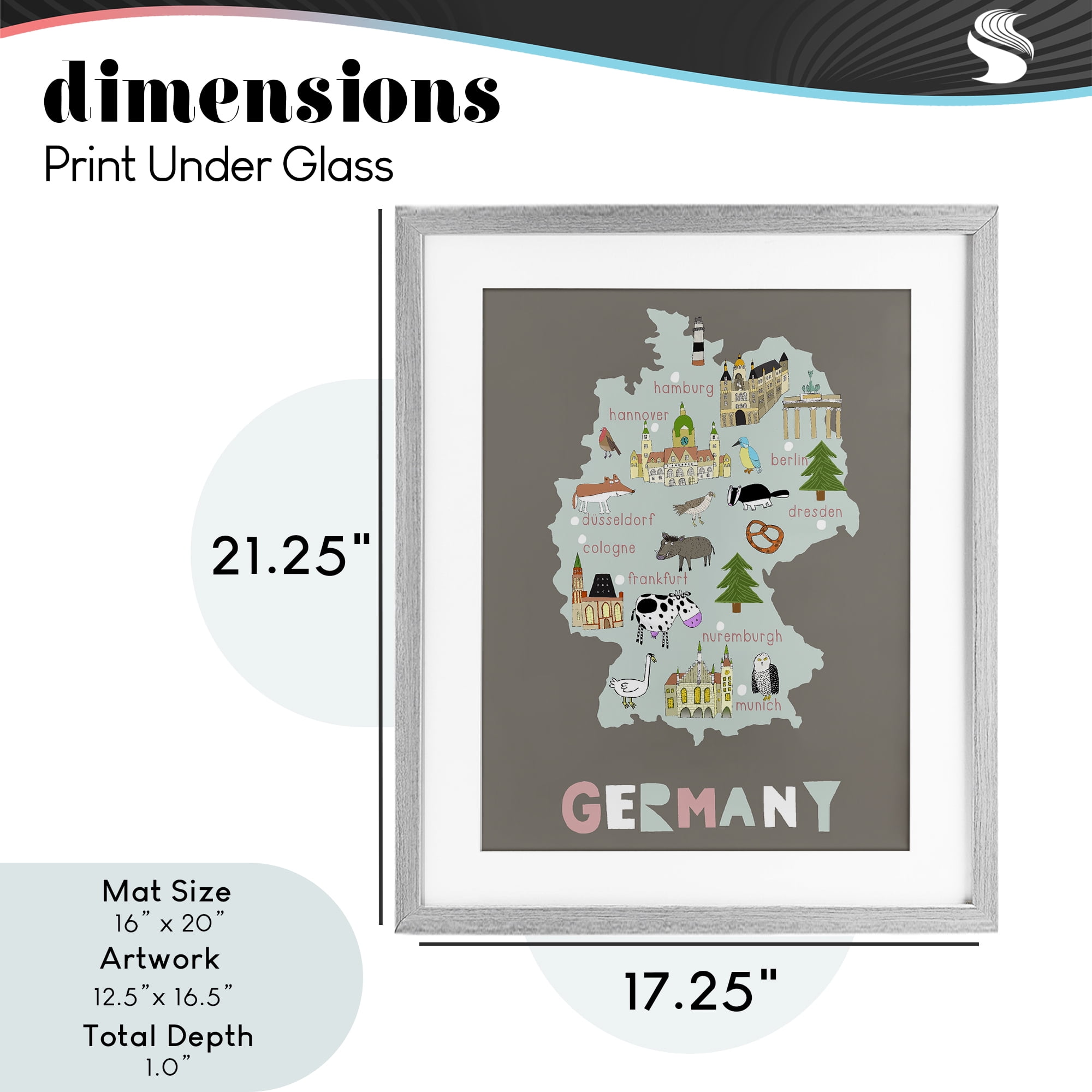 Kid's Map of Germany Gray Framed Print Under Glass, design by Carla Daly