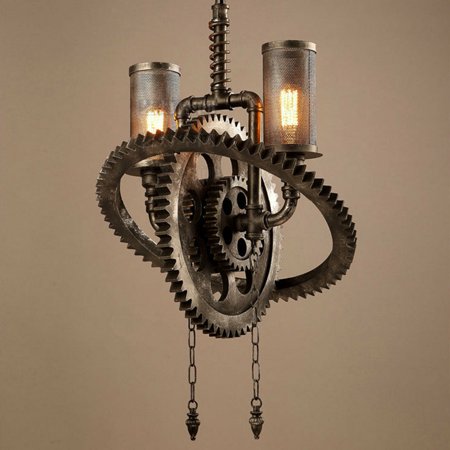 

Oukaning 2-Light Retro Loft Chandelier Industrial Steampunk Ceiling Light Gear Pipe Lamp