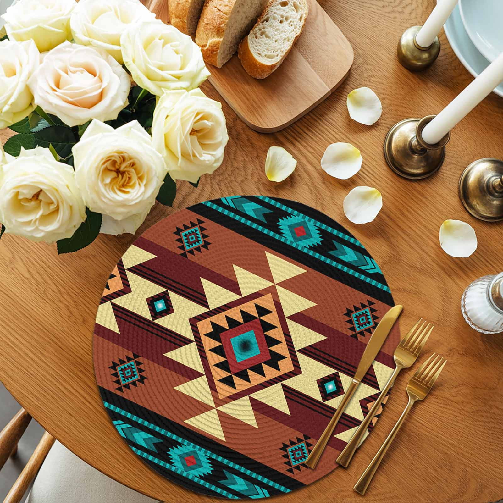 Turquoise Red Round 13 Inch Placemats Set of 4, Southwest American Native Abstract Pattern HeatResistant Non Slip Place Mats for Dining Table, Wipeable Braided Kitchen Table Mats for Housewarming