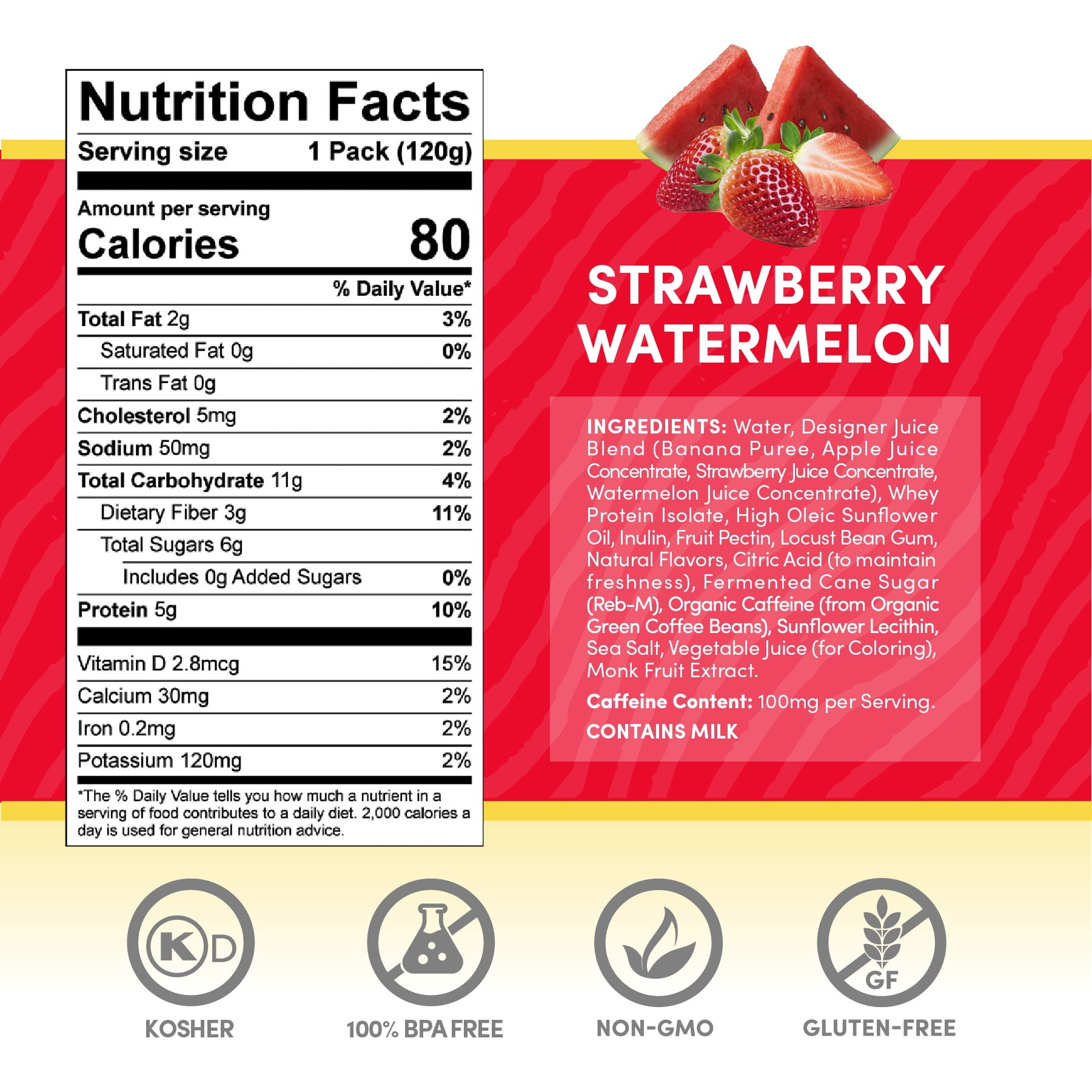 Designer Wellness Energy Smoothie, Real Fruit, 100mg Natural Caffeine, 5g Protein, Low Carb, Zero Added Sugar, Gluten-Free, Stawberry Watermelon, 12 Count