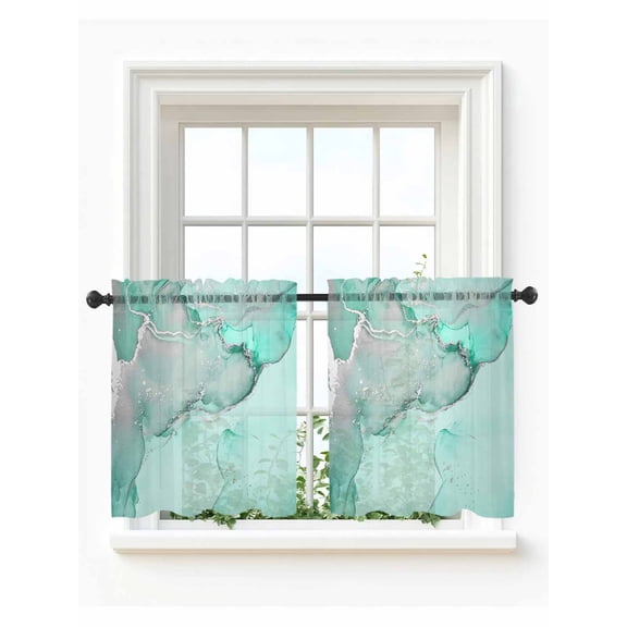 Aqua Marble Tier Curtains 24 Inch Length,Sheer Curtains for Bedroom Living Room Window Modern Abstract Waves Silvery Farmhouse Rod Pocket Drapes Kitchen Curtains Small Half Window 27.5"x24" 2 Panels