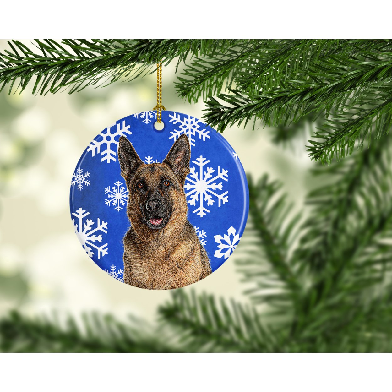 Carolines Treasures KJ1180CO1 Winter Snowflakes Holiday German Shepherd Ceramic Ornament 3 in multicolor