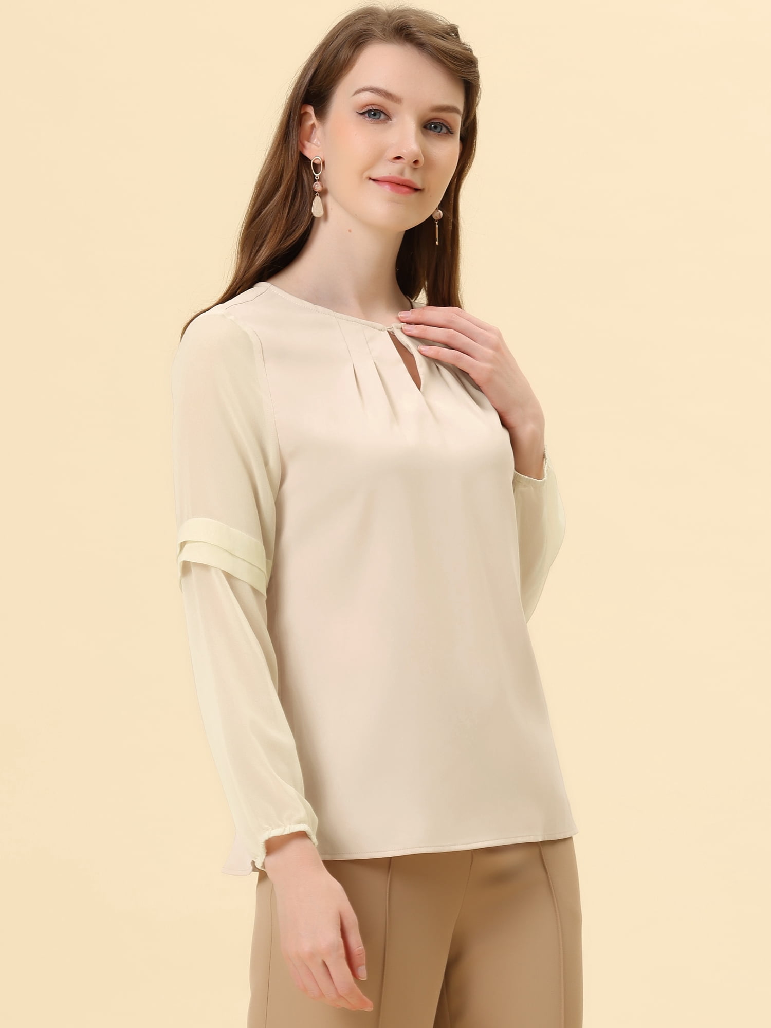DARING DIVA Chiffon Semi Sheer Long Sleeves Keyhole Neck Blouse XL Apricot