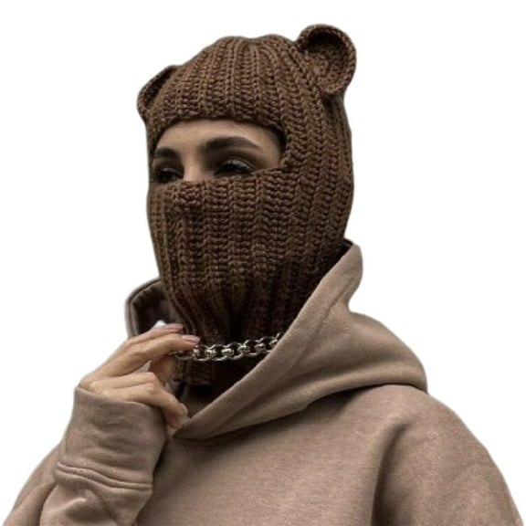 ZPAQI Balaclava Neck Protect Hat with Cute Bear Ear Decor Winter Knit Hat for Adult