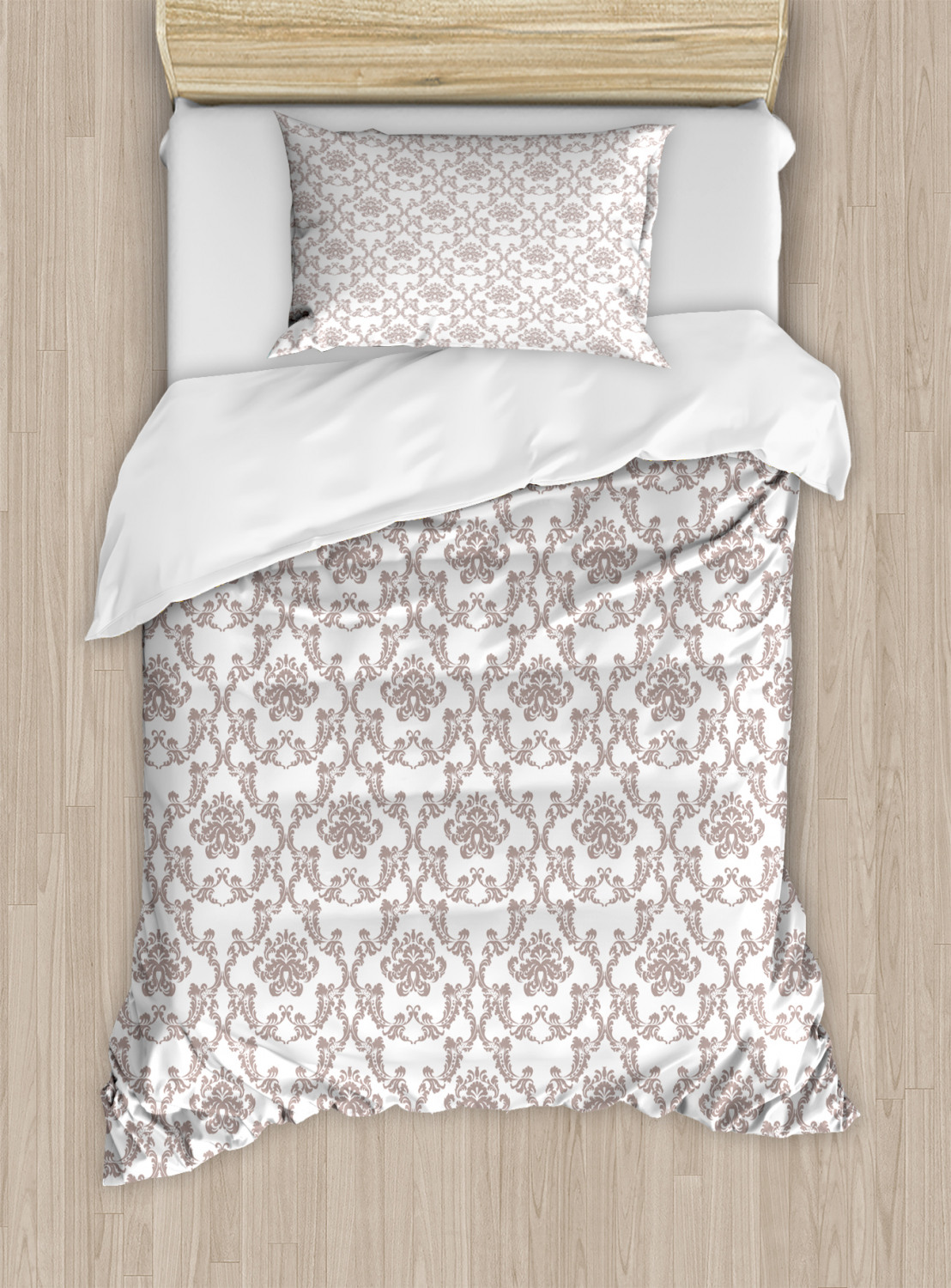 Taupe Duvet Cover Set, French Style Curvy Damask Pattern Nostalgia