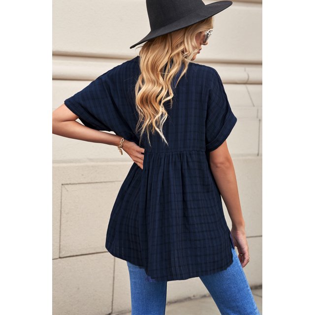 ABPHQTO Camisa de manga corta con cuello en V suelta con estampado a cuadros azul marino para mujer con aberturas